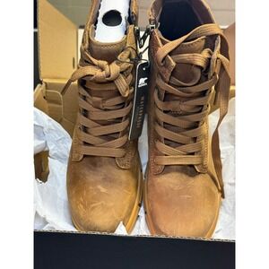 Sorel Hi-Line Lace Combat Boots Waterproof Leather Tan Brown Lug Sole Zip Up